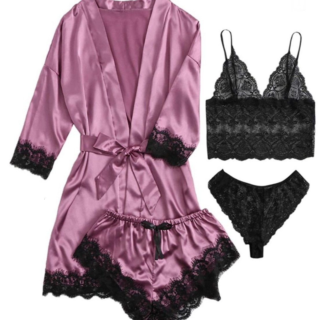 European and American underwear 4-piece Lei suspender pamas women's summer set nightgown