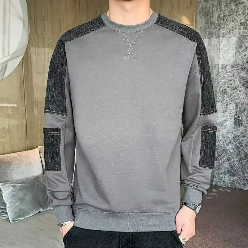 Male Clothes Crewneck Spliced Hoodieless Sweatshirt for Men T-shirt Pullover Top Round Neck Luxury Winter Streetwear No Brand SX240925
