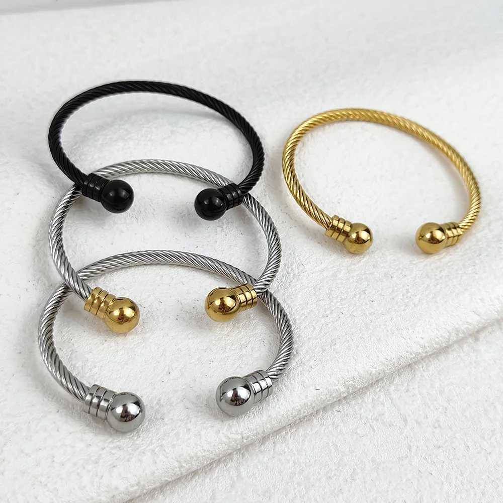 Men Double Ball Shaped Open Bangle Stainless Steel Jewelry Twisted Steel Cable Texture Cuff Bracelet Birthday Gift for BoyfriendX240925
