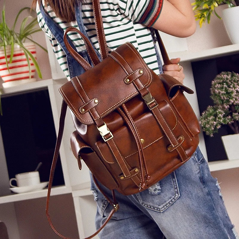 Retro Leather Backpack Womens Fashion Large Drawstring Rucksack School Travel Bag Teen Girls Mochilas Black Brown XA480H 240724