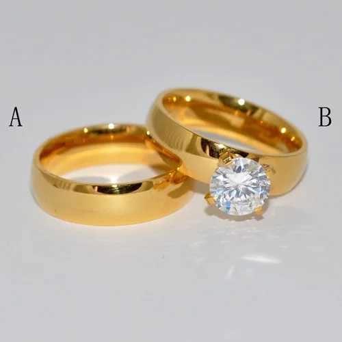 Hot selling stainless steel gold-plated wedding couple jewelry ring cubic zirconia W240925