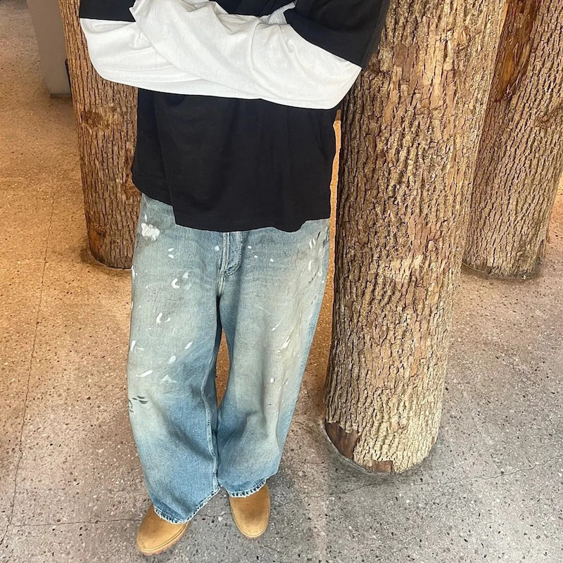 Graffiti ink splatter mud dyed bagged jeans suitable for men and women street washing loose casual denim Trojan horse oversized cargo 240924