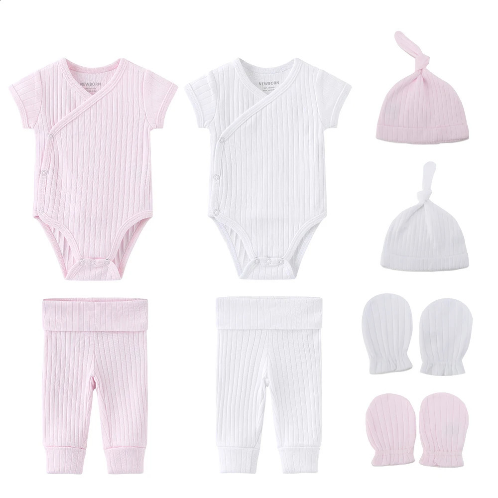 8 pieces of unisex born baby girl clothing set cotton tight fitting clothespantshatgloves boy solid color short sleeved 240925
