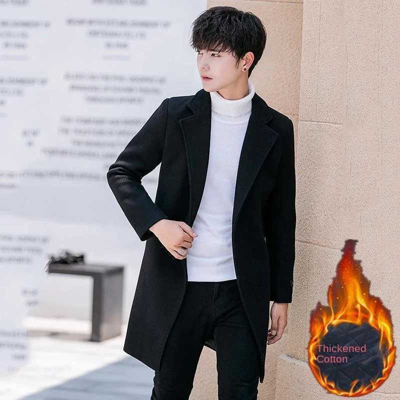 2023 New Woolen Coat Mens Autumn and Winter Windbreaker Mens Mid length Korean Slim Fit Woolen Coat Y240924