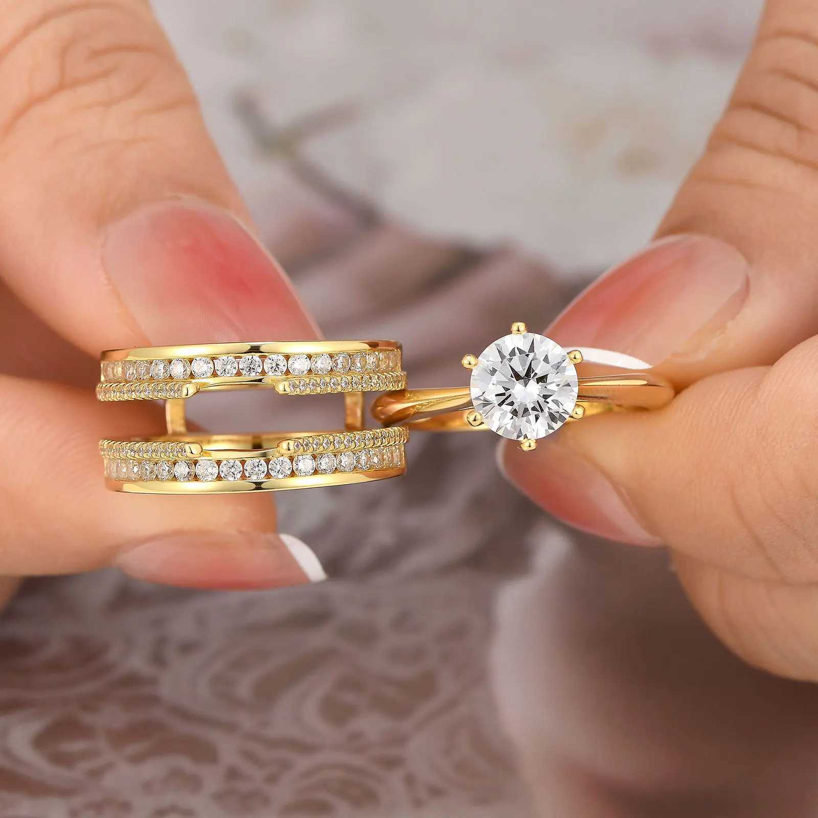 News 925 sterling silver yellow K-gold ring womens round AAAA cubic zirconia engagement ring bride enhancement set jewelry W240925
