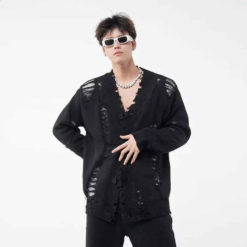 Y2K mens cardigan sweater Japanese Harajuku hole single chest sweater jacket fashionable V-neck streetwear couple high street knitted jacket 240924