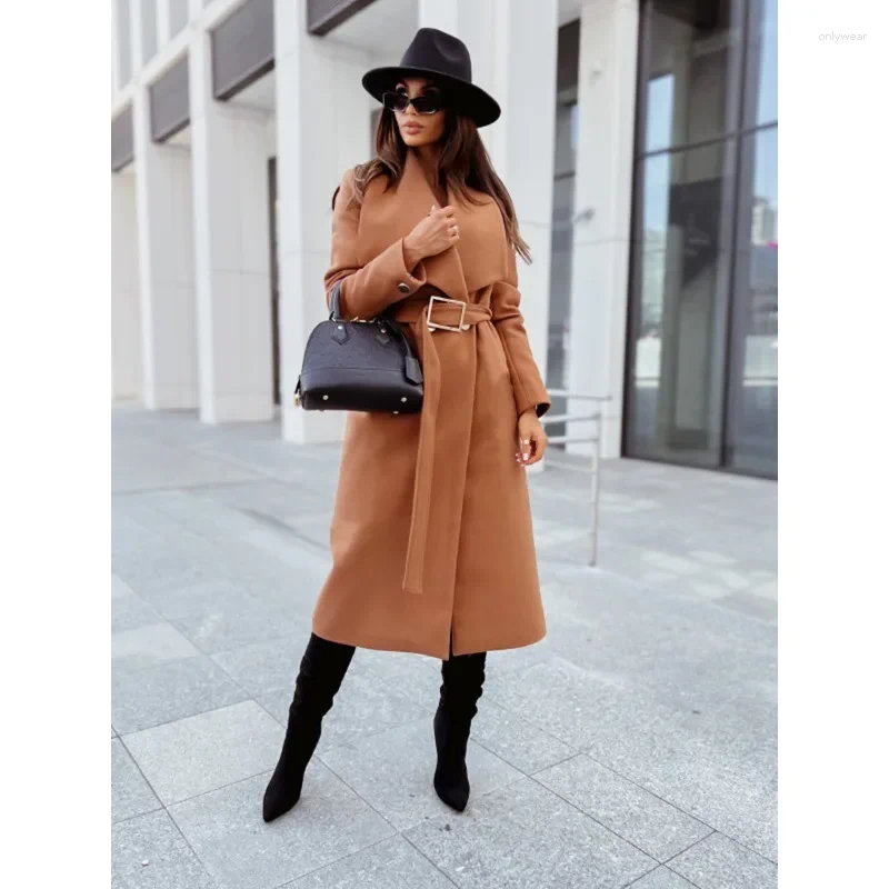 Women's Trench Coats S-2XL Size Windbreaker Coat Simple Solid Color Long Sleeved Button Fashion V-neck Belt Casual Wool