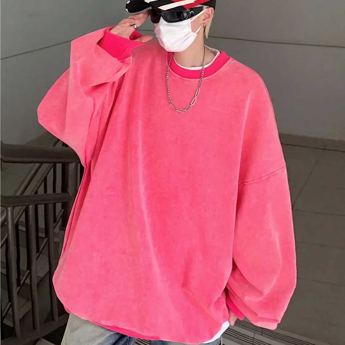 Dirty Pink 330g Heavy Weight Uncap Sweatshirt Men Autumn/winter Wash Distressed Round Neck Jacket Street Hip Hop Couple OutfitX240925