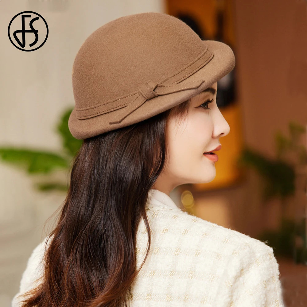FS British Fashion Elegant Womens Wedding Party Top Hat Winter Hat Knitted Edge Beret Womens Retro Cork Wool Felt Fedoras 240921