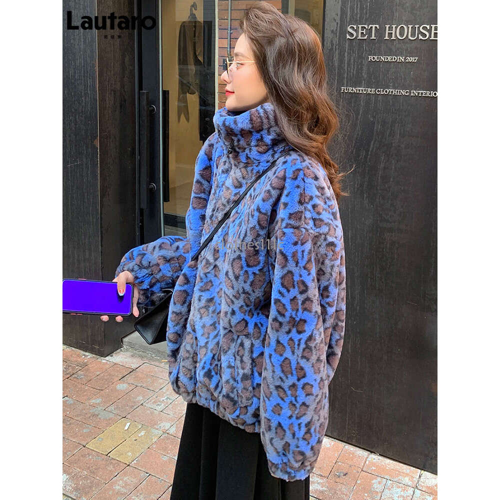 Lautaro Winter Oversized Colorful Leopard Print Faux Fur Coat Women Long Sleeve Zip Up Warm Soft Fluffy Jacket Korean Fashion