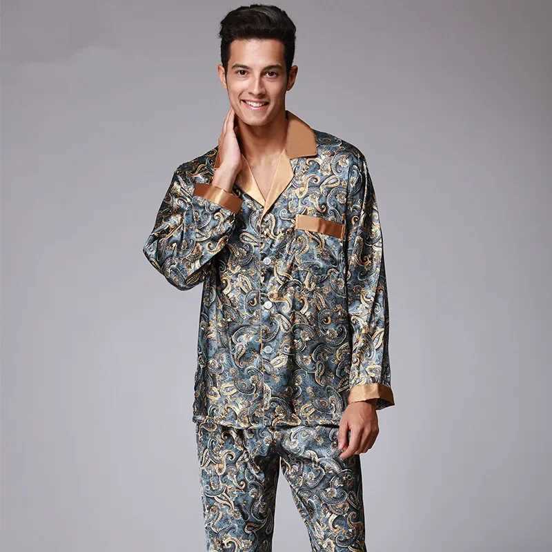 Sleepwear New Luxury Pajamas Men Paisley Pattern Slpwear Silk Long-slved Satin Mens Pyjamas Mens Lounge Pajamas Set Plus Size 4XL Z240925