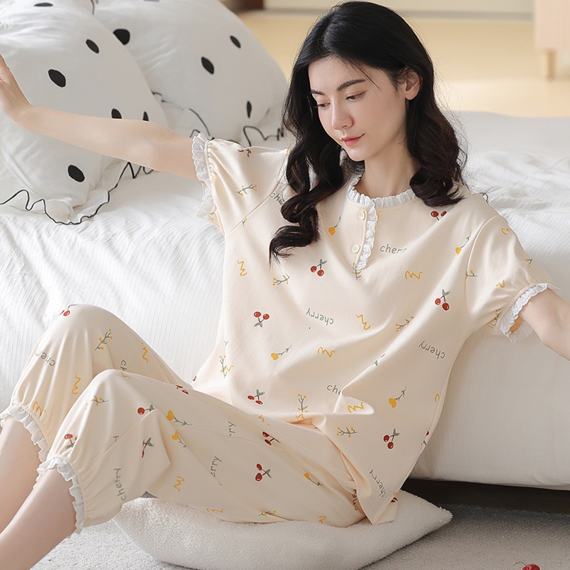 Spring And Women's Pamas Short Sleeve Pants Girls Vintage Home Clothes Cotton Loose Casual Suit Summer