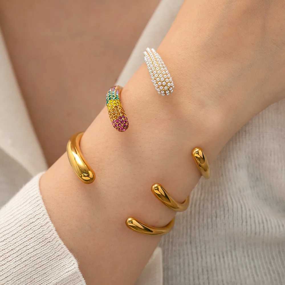 RAKOL Stainless Steel Cuff Open Bangles Womens Waterproof Metal Texture Glossy Gold Plated Tarnish Proof Bracelet Party JewelryX240925