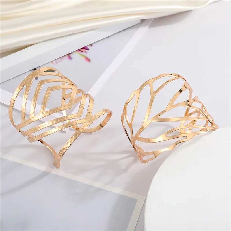 European Shiny Metal Flower Leaf Rhombus Bracelet For Women Men Open Adjustable Wide Cuff Bracelet Party Wedding Jewelry B26X240925