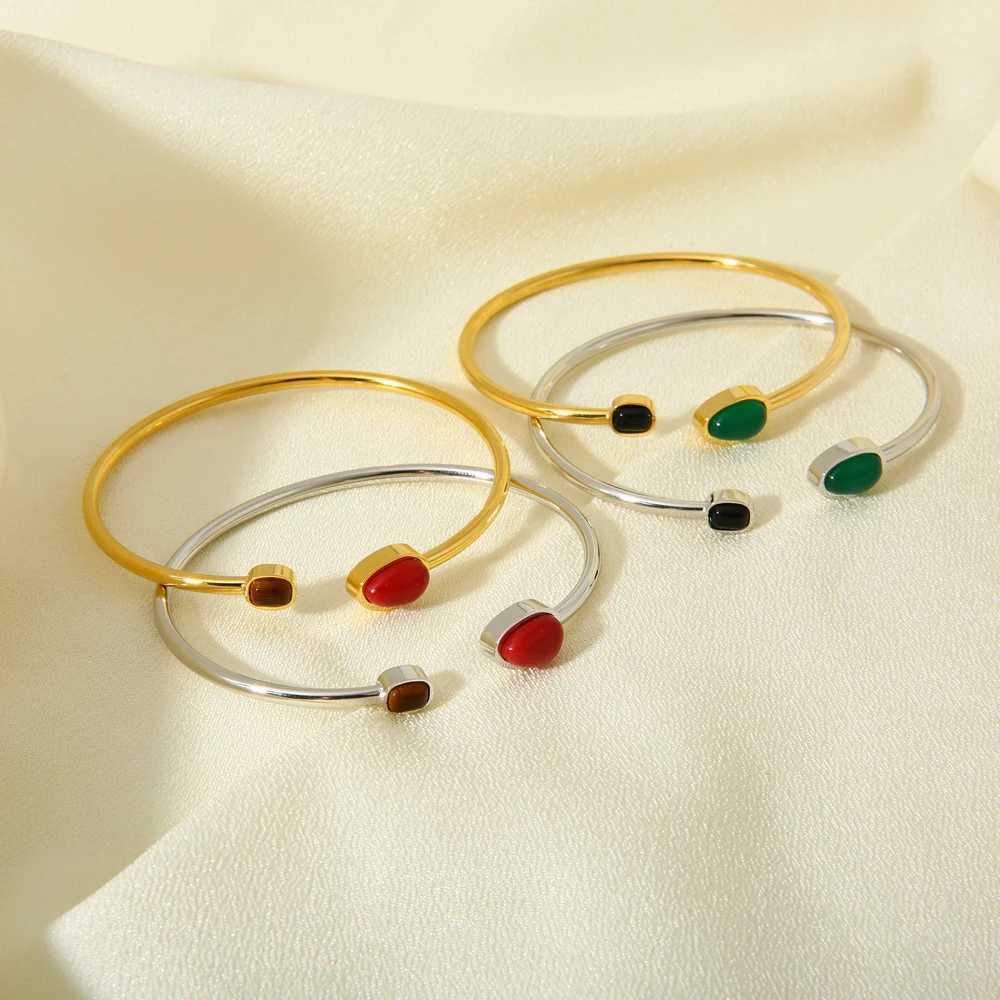 New Stainless Steel Natural Stone Open Cuff Bracelet Bangle Green Red Black Stone PVD 16K Gold Plated Tendy Jewelry for WomenX240925