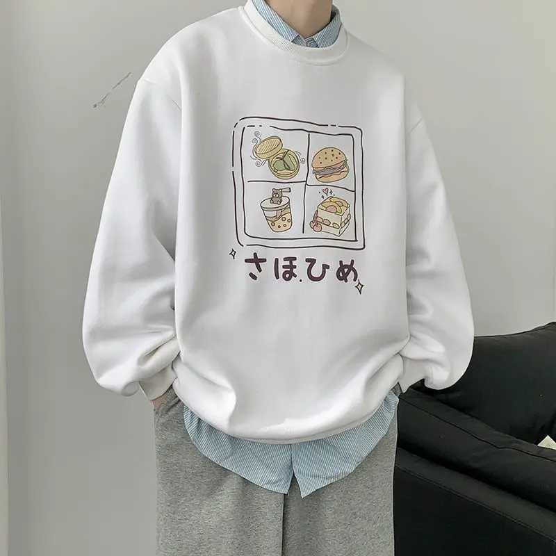 Pure cotton mens round neck sweatshirt new American vibe style advanced loose couple velvet thickened pullover women clothingX240925