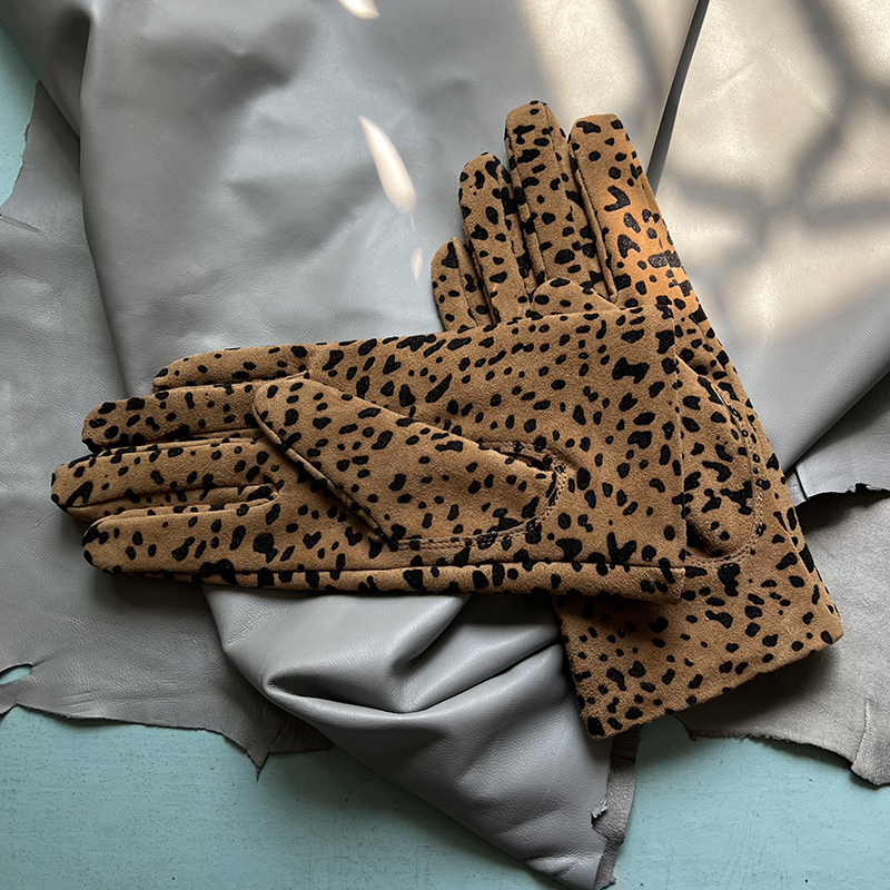 Suede leather gloves women's short leopard print leather gloves men's same style driving motorcycle gloves Spring and autumn gloves