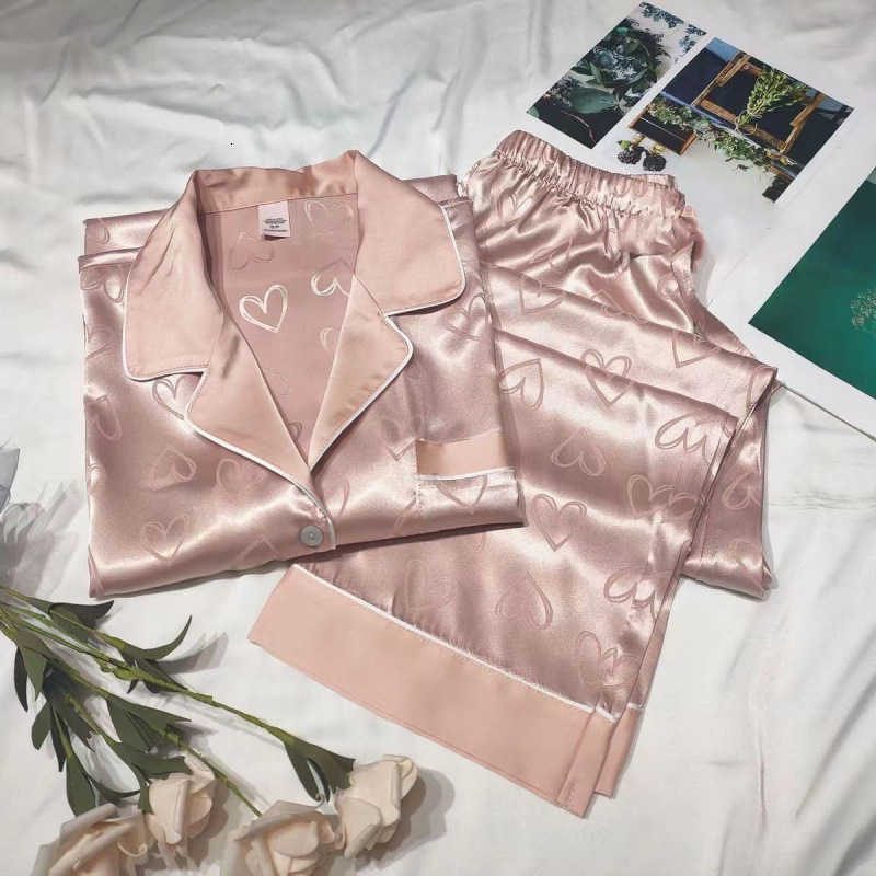 Long-Sleeved Trousers Simulation Silk Female Autumn and Winter Cardigan Lapel Student Pamas Love Blue Women's Homewear