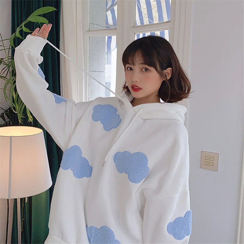 Autumn Winter Women Blue white cloud Hoodie Thick Warm Female Fleece Hoodies Oversize Sweatshirt Top Ladies Hooded Top coat 240920