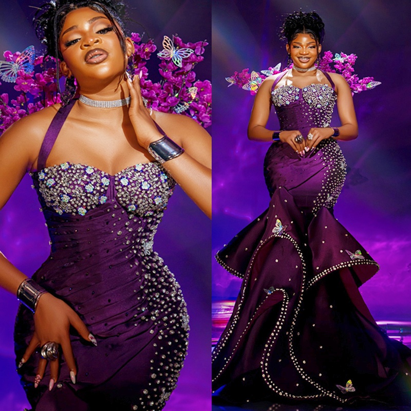 2024 Plus Size Purple Prom Evening Dresses Formal Gowns For Women Mermaid Halter Beaded Rhies Crystals Birthday Dress Second Reception Gown AM1634