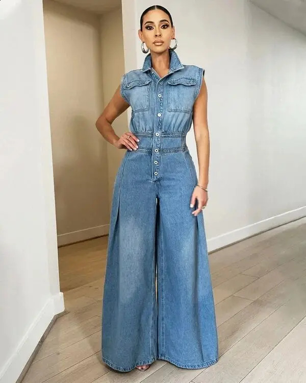Sexy womens wide leg jeans elegant collar denim loose jumpsuit 240925