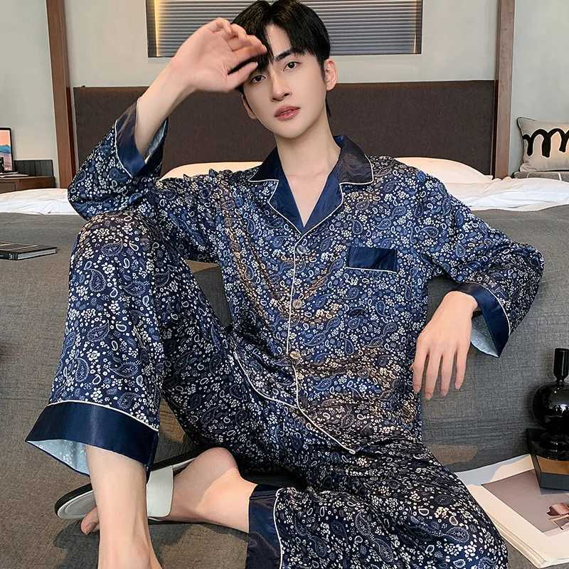 Pajamas Men Spring Summer Thin Ice Silk Luxurious Loose Fitting Home Wear Suit Male Satin Pyjamas Set Night Pajamas Set MenW251121 - view 4