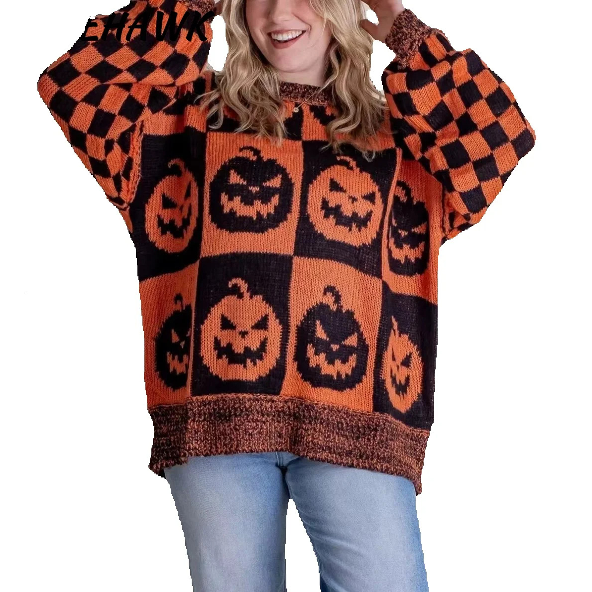 Women Halloween Pattern Print Sweaters Autumn Winter Haruku O Neck Loose Pullovers Streetwear Casual Party Female Knitted Tops