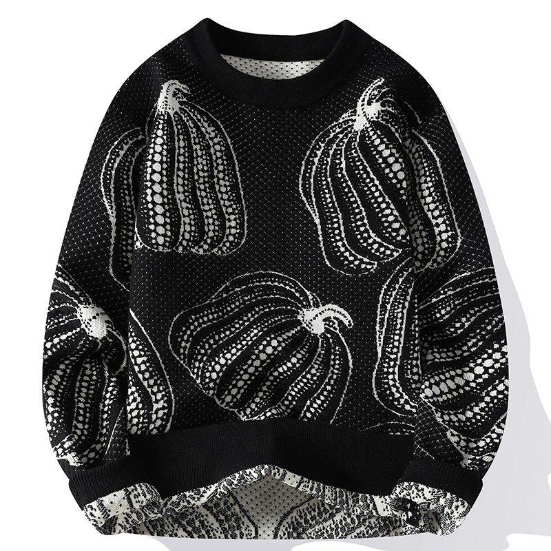 2024 Autumn Winter New Designer Warm Pumpkin Printed Men s Fashion Casual Loose Knitted Hoodie High end Men s Christmas Sweater