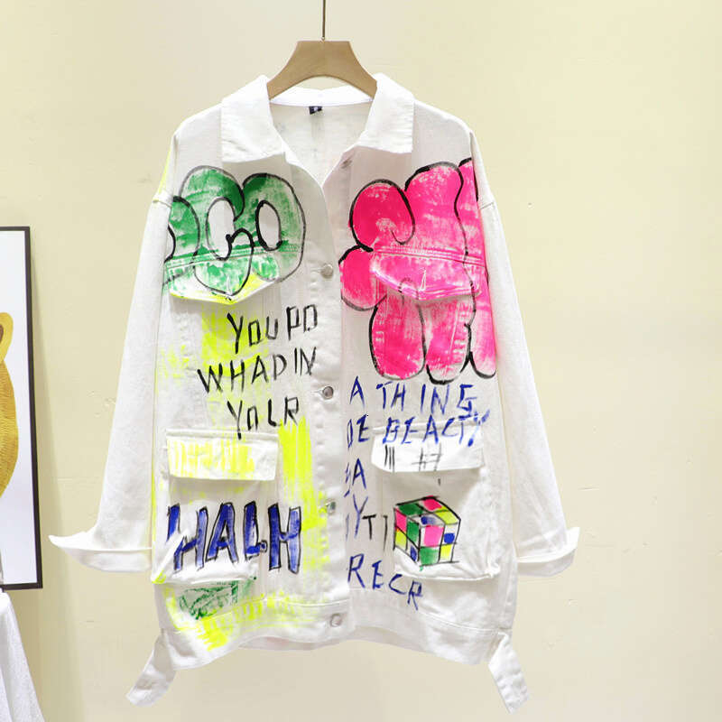 Streetwear Fashion Letter Graffiti Denim Jacket Coat Women Loose Mid Long White Cowboy Outerwear Big Pocket Jeans Jackets Female
