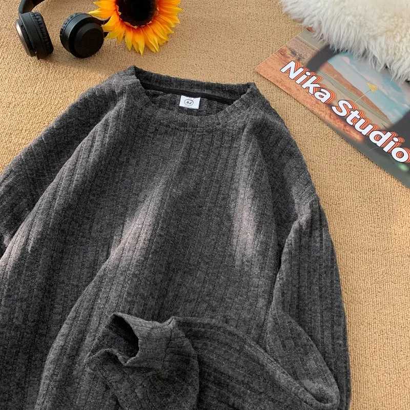 Solid Vertical Stripes Long Sleeve Mens Round Neck Sweatshirt Korean Leisure Loose Knit Trendy Couple PulloverX240925