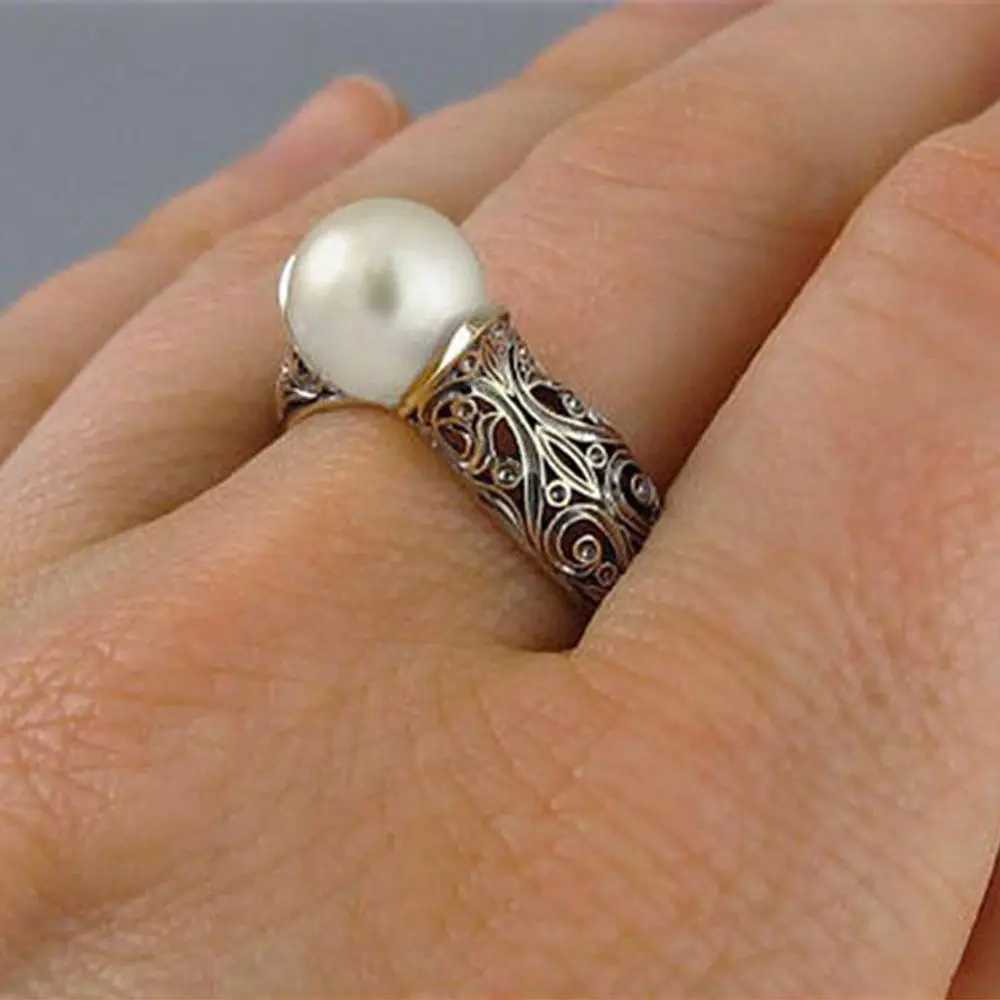 1 piece of fashionable retro inlaid white pearl ring gold-plated womens ring jewelry wedding ring engagement ring W240925