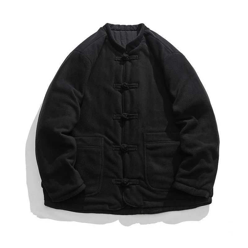 Retro bedding cotton Parkes mens solid color stand up collar jacket Chinese style Harajuku plush couple jacket worn on both sides Y240925