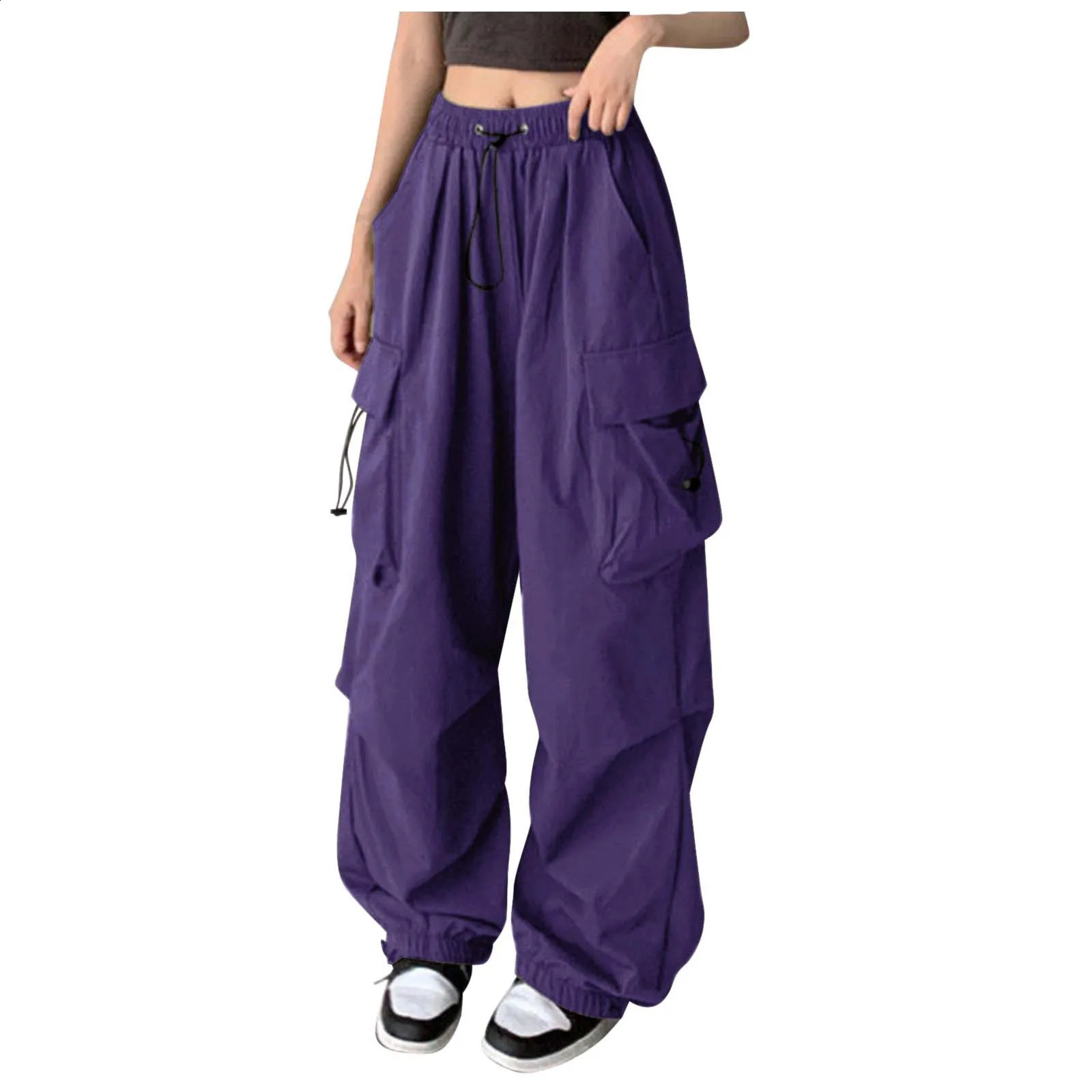 Multi pocket unisex solid color cargo womens high waisted pleated loose sports elastic casual hip-hop wide leg pants Z260314