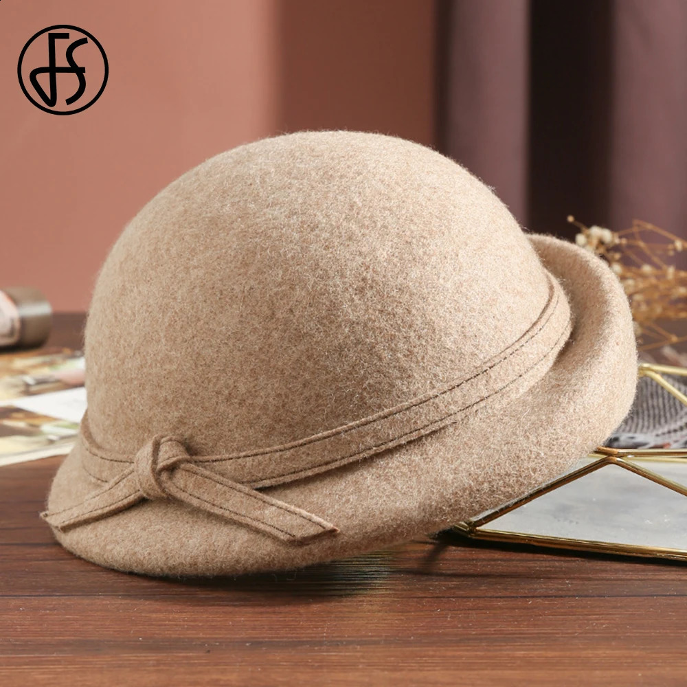 FS British Fashion Elegant Womens Wedding Party Top Hat Winter Hat Knitted Edge Beret Womens Retro Cork Wool Felt Fedoras 240921