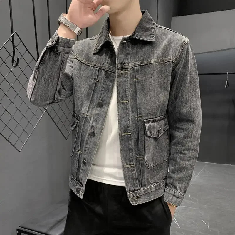Male Jean Coats Gray Button Mens Denim Jacket Slim Fit Clothing Original Size L Korean Clothes Winter Outerwear Trendy 240920