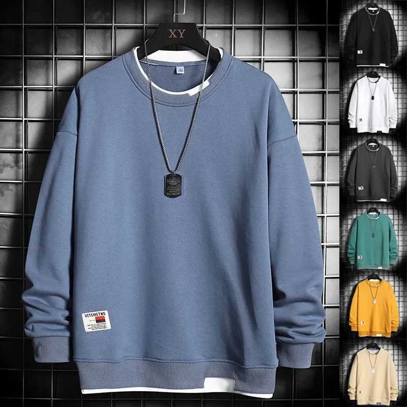 Mens Autumn Winter New Trendy Round Neck Pullover Sweatshirt Long Sleeves Casual Loose Fit Two-piece Illusion TopX240925