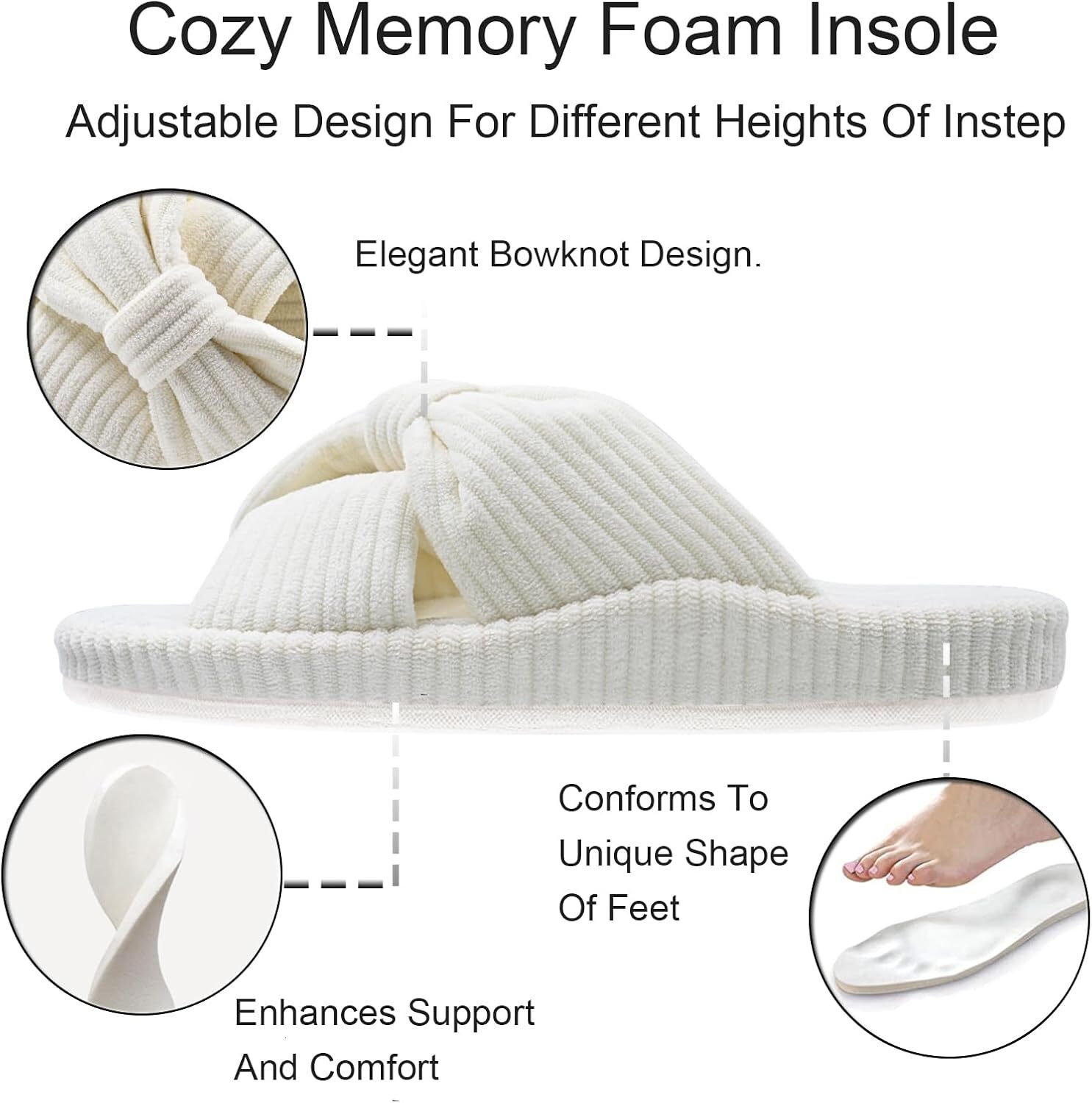 Women's Cozy Memory Foam Arch Support House Ladies Orthopedic Crossband Open Toe Home Bedroom Bed Slippers for Plantar Fasciitis Fluffy Corduroy 