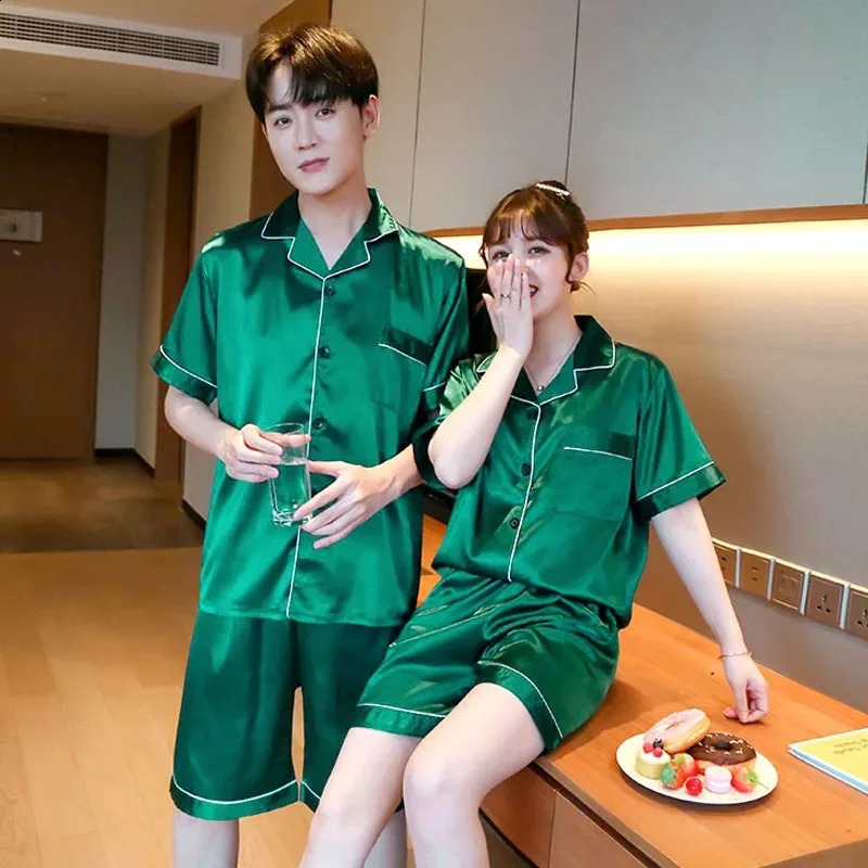 Solid Color Sleepwear Silk Satin Pajamas Couple Set Short-sleeved Pyjamas Suit Pijama Women Men Loungewear Plus Size Pj Set 240925
