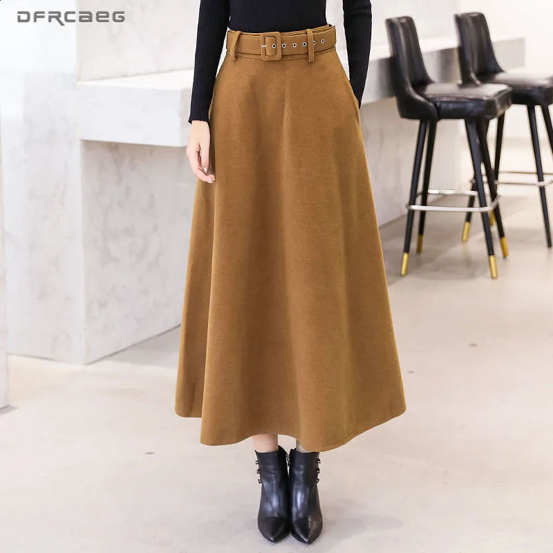 Winter Wool Maxi Womens Retro Long Skirt with High Waist Fashion Street Clothing A-line Solid Jupe Womens 240924