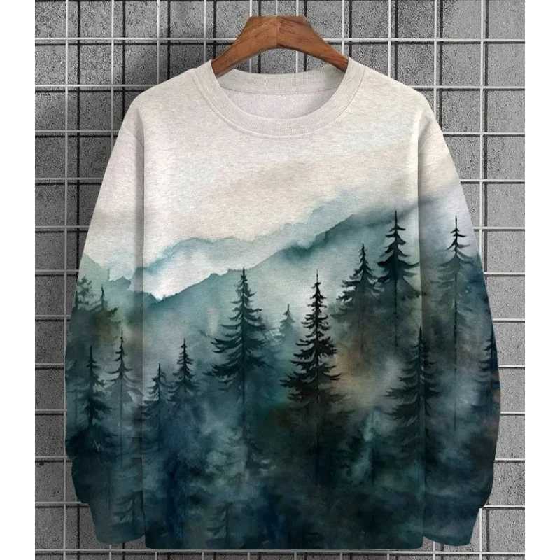 Mens Forest Tree Pattern Hoodie Mountain Plant 3D Printed Pullover Autumn Street Long Sleeve Round Neck Loose Sweater FashionX240925