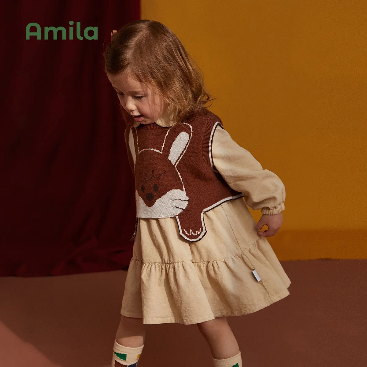 Amila Baby Girl Two Piece Dress Set Spring Cute Rabbit Cartoon Knitted Vest Academic Casual Childrens Clothing 240925