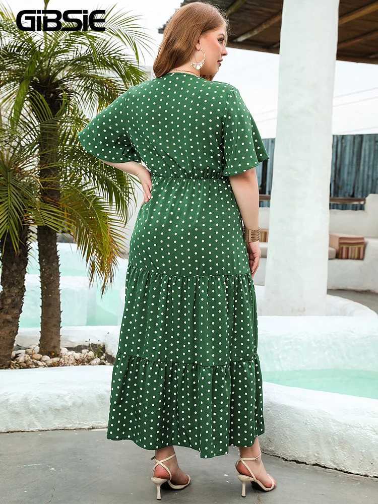 GIBSIE Plus Size Polka Dot V-Neck Butterfly Sleeve Dress Women Summer Holiday Beach Vintage Ruffle Hem Maxi Long Dresses M240924