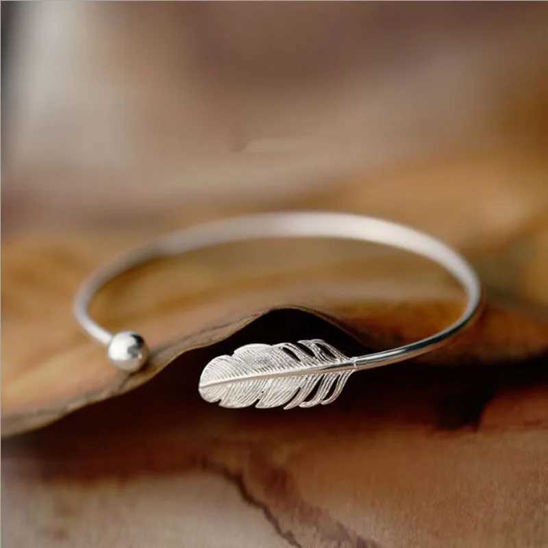 New Fashion 925 Sterling Silver Jewelry Not Allergic High-quality Female Simple Feather Small Ball Open Bracelets SL009X240925