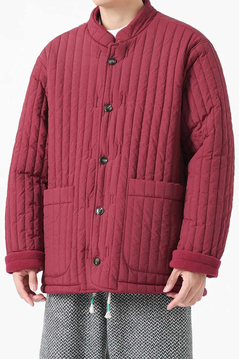 Retro bedding cotton Parkes mens solid color stand up collar jacket Chinese style Harajuku plush couple jacket worn on both sides Y240925