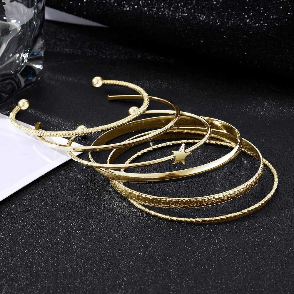 6Pcs /Set Vintage Punk Open Mouth Five-Pointed Star Bracelet Set Women Golden Geometric Metal Irregularity Bracelet PartyJewelryX240925