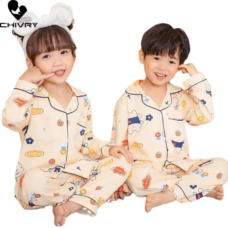 Kids Boys Girls Pajamas Casual Cartoon Long Sleeve Lapel Shirt Tops with Pants Baby Summer Loose Sleeping Homewear 240921