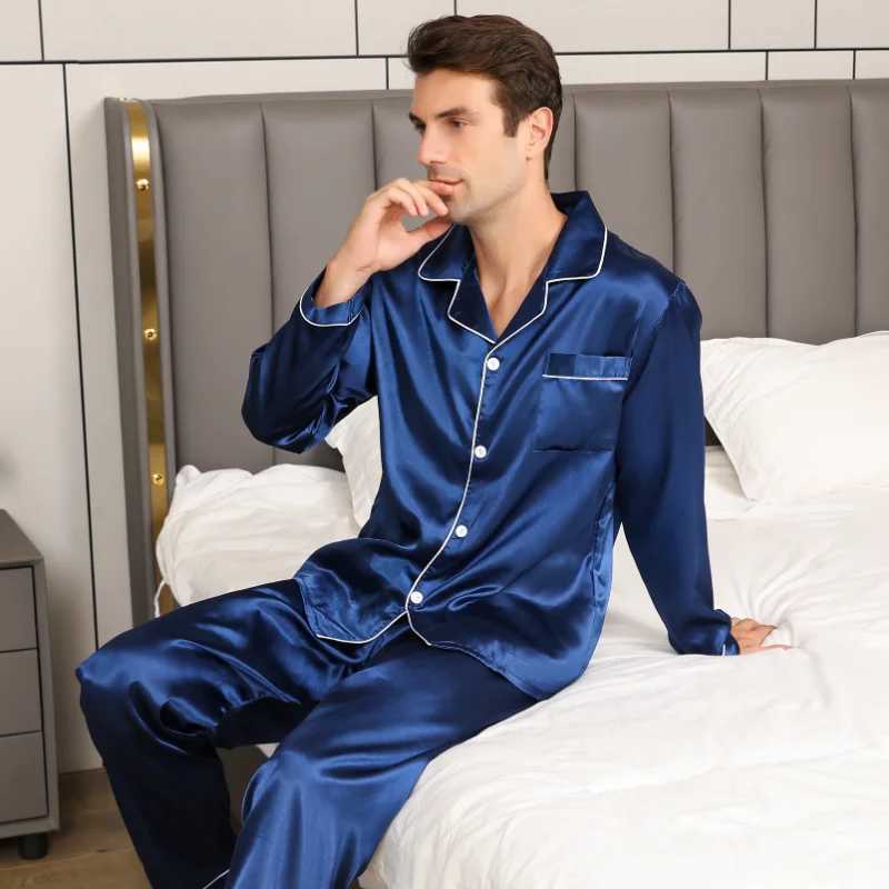 Mens Pajamas Suit Summer Ice Silk Slpwear Shr Thin Long-Slved Loose Large Size Loungewear Suit Silky Satin Nightwear M240925