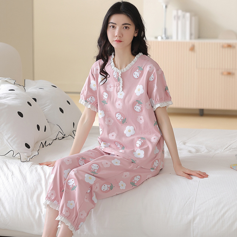 Spring And Women's Pamas Short Sleeve Pants Girls Vintage Home Clothes Cotton Loose Casual Suit Summer