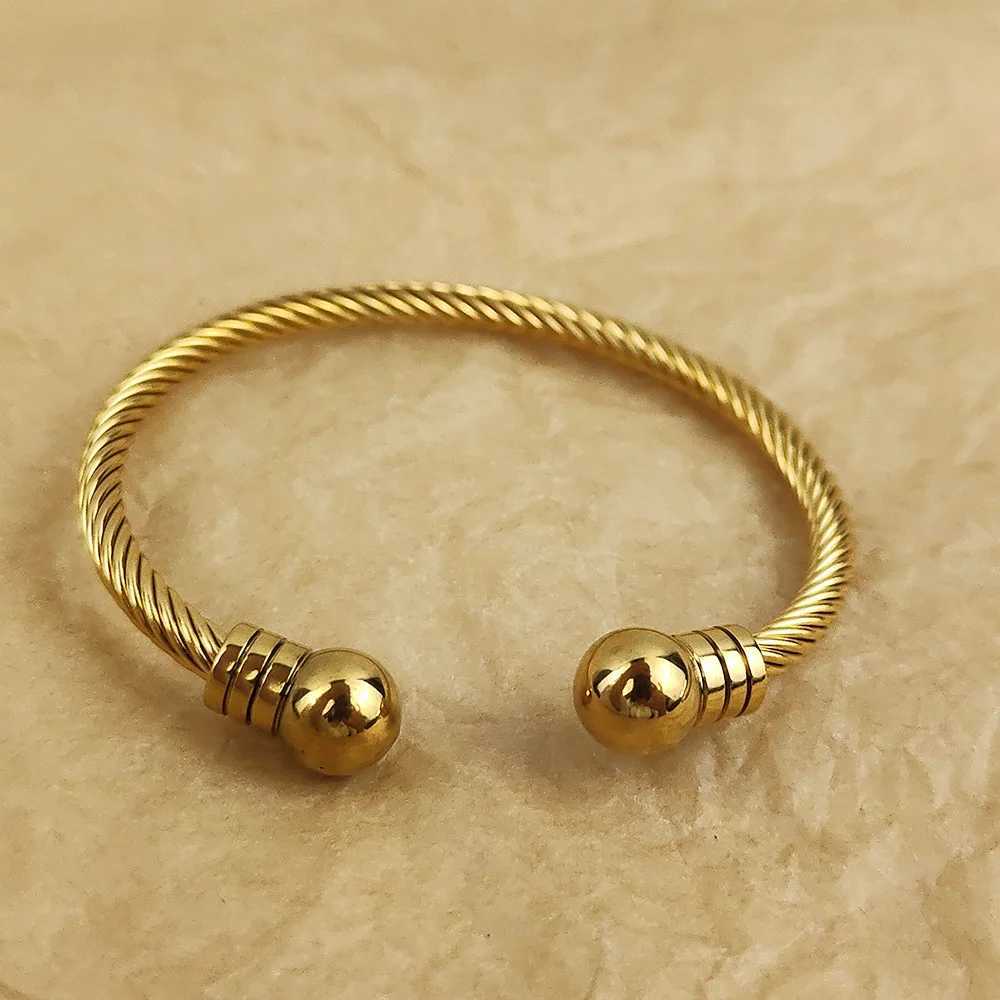 Men Double Ball Shaped Open Bangle Stainless Steel Jewelry Twisted Steel Cable Texture Cuff Bracelet Birthday Gift for BoyfriendX240925