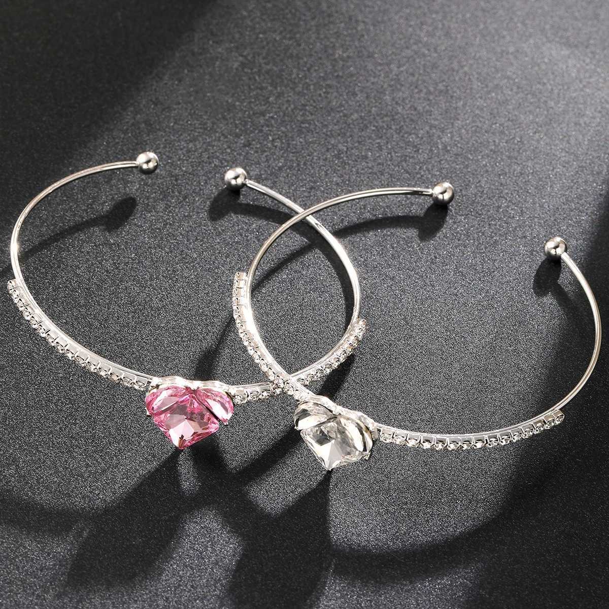 Fashion Open Cuff Pink Heart Bracelets Bangle For Women Sweet Style Silver Color Design Shiny Cubic Zircon Jewelry GiftsX240925